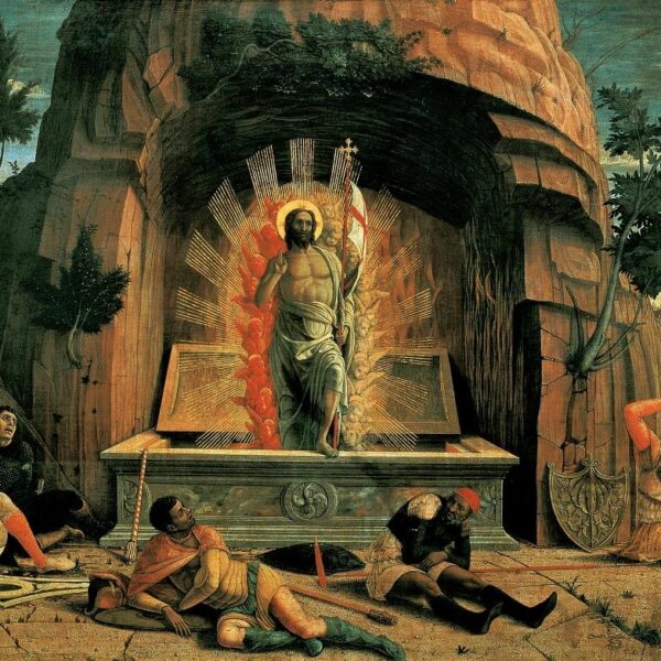 The Resurrection  by Andrea Mantegna:, Tempera on panel (71 x 94 cm), dated 1457-1459.